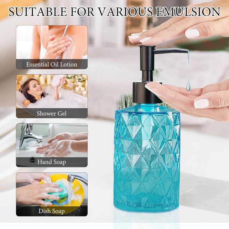 Ulable Clear Ocean Blue Glass Soap Dispenser with Plastic Pump, 2 Pack 12oz Diamond Design Bathroom Soap Dispenser for Hand Wash, Lotion Dispenser & Dish Soap Dispenser for Kitchen and Bathroom - Image 3